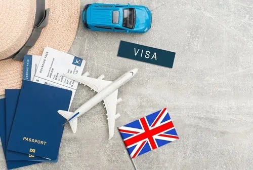 Flag,Of,United,Kingdom,With,Passport,And,Toy,Airplane,On